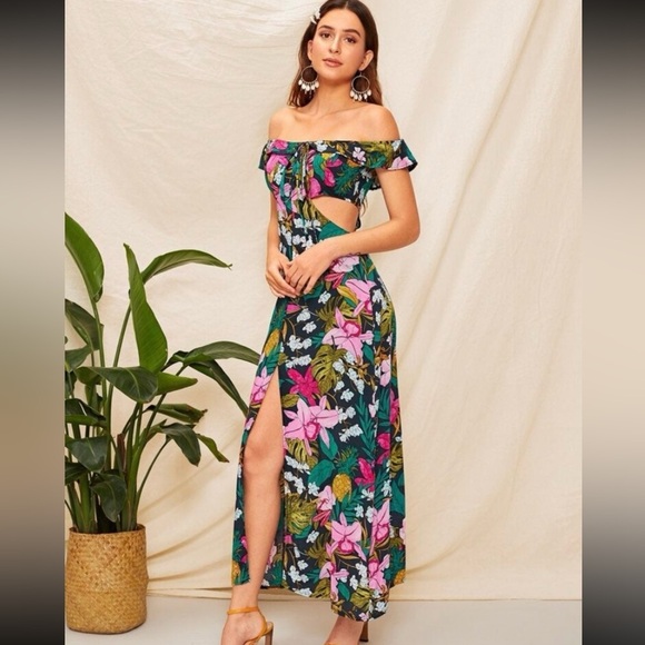 Women’s Floral Maxi Dress Medium Tropical Pink Flowers Open sides Off shoulder - Picture 8 of 8